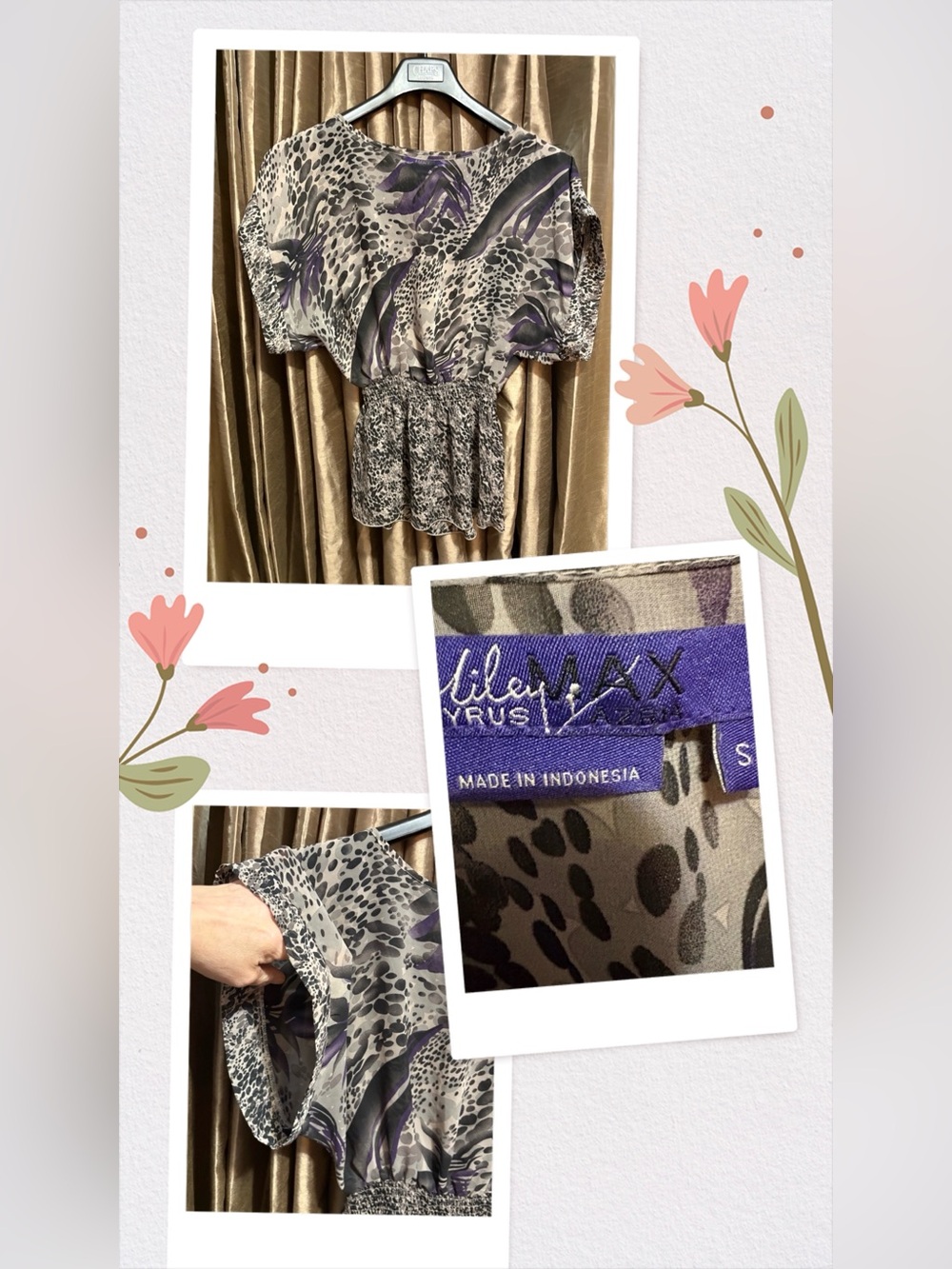 Miley Cyrus & Max Azria Gray and Purple Sheer Printed Top #1968